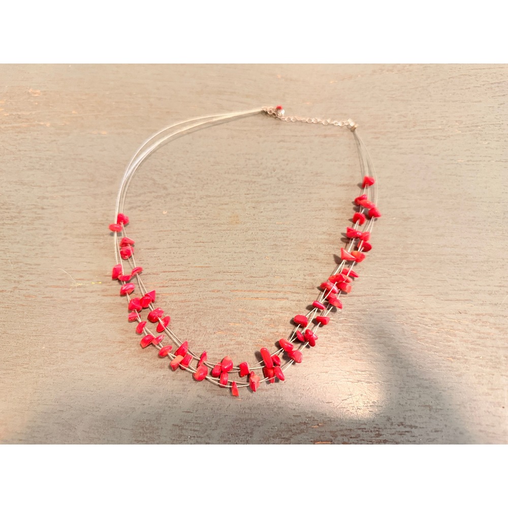 Vintage Red Coral Chip Bead Illusion Necklace Multi Strand Floating Boho Jewelry